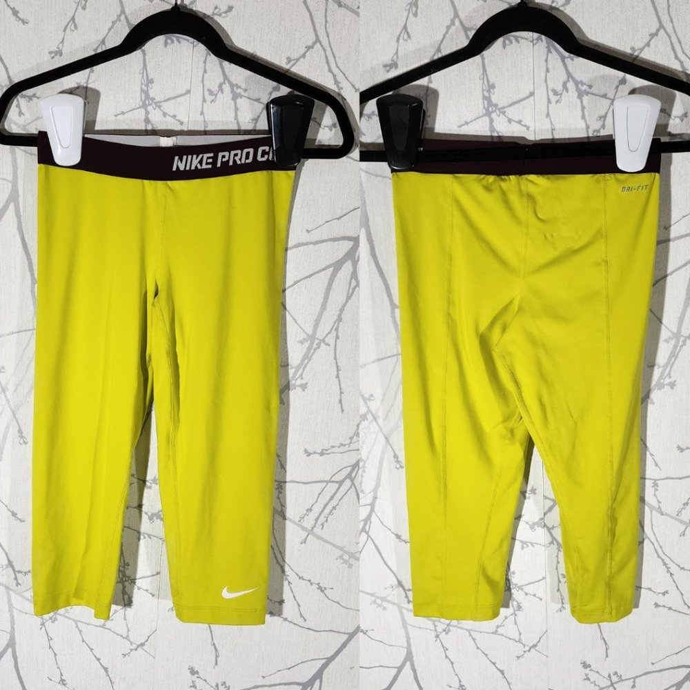 Nike Pro Combat Yellow Mid Rise Compression Capri - Picture 1 of 4
